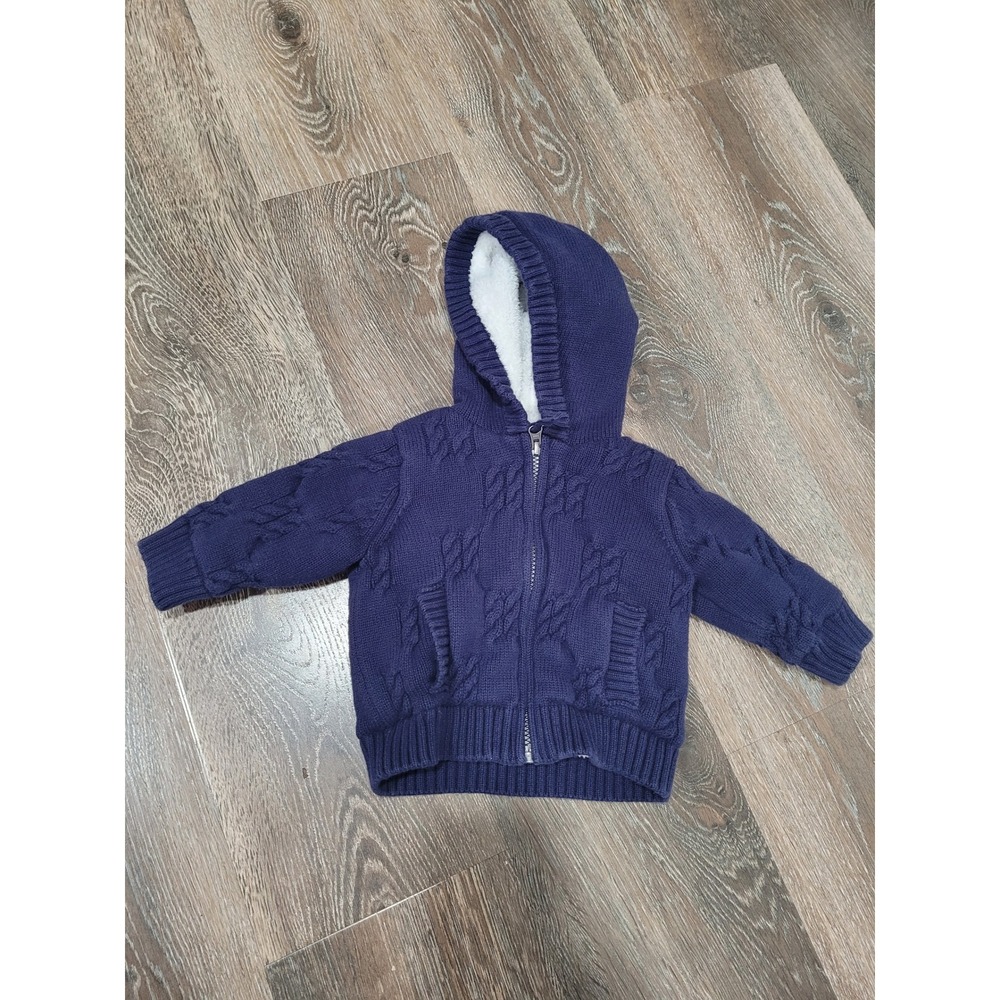 Hanna Andersson Baby Blue Cable Knit Sherpa Lined Zip Up Hoodie 6-12 Months #R
